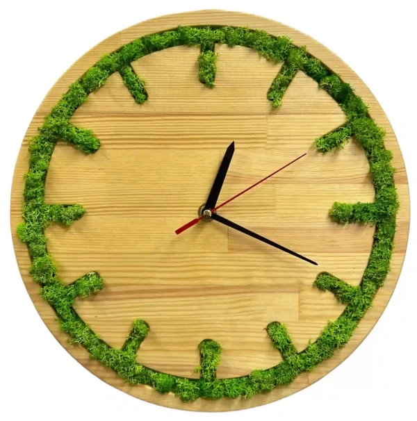 Wooden Wall Clock with Lichen Moss