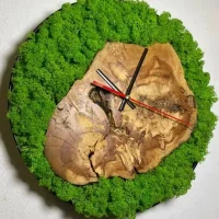 Round Clock with Lichen Moss and Wood. Wood Clock