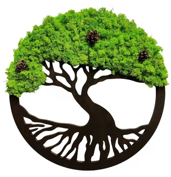 Decorative Tree - Round Wood Art with Moss and Pine Cone