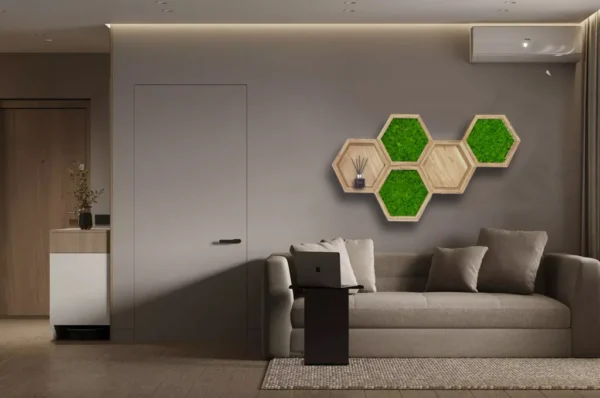 Moss Wall Art Sets: Illuminated Moss Hexagon and Wooden Wall Shelf - Image 3