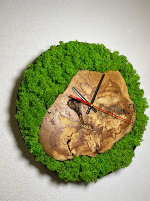 Round wall clock featuring a solid wood slice surrounded by preserved moss with analog hands