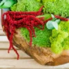 Detail of hanging red preserved amaranth over vibrant green reindeer moss and a smooth wooden bowl rim