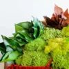 Close-up of preserved dark green leaves, bronze foliage, and textured green moss inside a wooden bowl