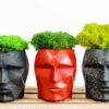 Geometric concrete head planters in black, red, and speckled black, filled with green moss on a wooden surface.
