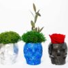 Geometric skull concrete vases in silver and blue filled with moss, and black skull vase with a red rose