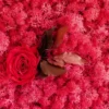 Close-up of pink preserved reindeer moss featuring a single red rose bloom with leaves.