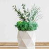 Geometric concrete vase arrangement with preserved moss and greenery on a wooden surface