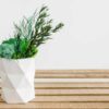 Faceted white concrete planter filled with green reindeer moss and dried foliage on a slatted wood table