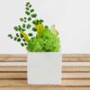 Square concrete vase with light green reindeer moss and fern leaves on a wooden slatted table