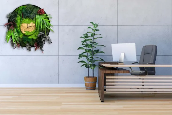 Round Wall Clock with Moss Solid Wood and Plants | Picture Clock - Image 2