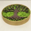 Round moss wall art with dark brown tree silhouette over bright green moss in a natural wood frame