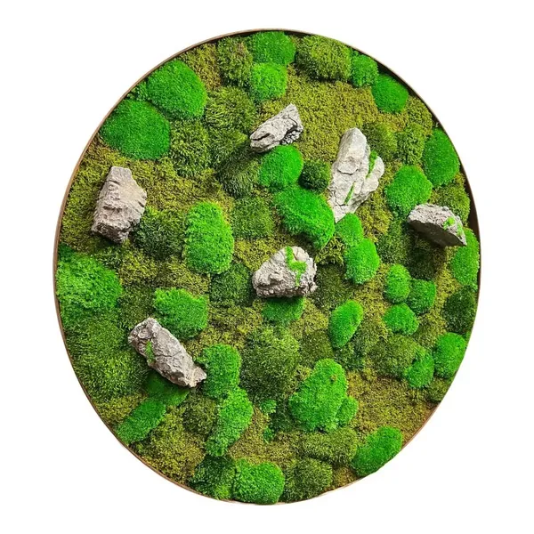 Circular wall art made of textured green moss and decorative grey stones.