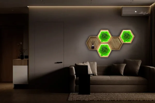 Moss Wall Art Sets: Illuminated Moss Hexagon and Wooden Wall Shelf - Image 2