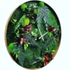 Round wall clock filled with preserved moss and botanical foliage, featuring minimalist clock hands