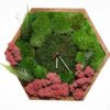 Hexagonal wooden wall clock decorated with green moss, pink lichen, and fern fronds around central clock hands.