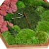 Hexagonal wooden clock filled with vibrant green and pink preserved moss, ferns, and clock hands.