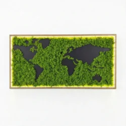 Framed world map wall art with black continents surrounded by green moss and an illuminated wood border.
