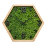 Hexagonale Wanduhr aus Holz mit grünem Islandmoos und schwarzen Ziffern