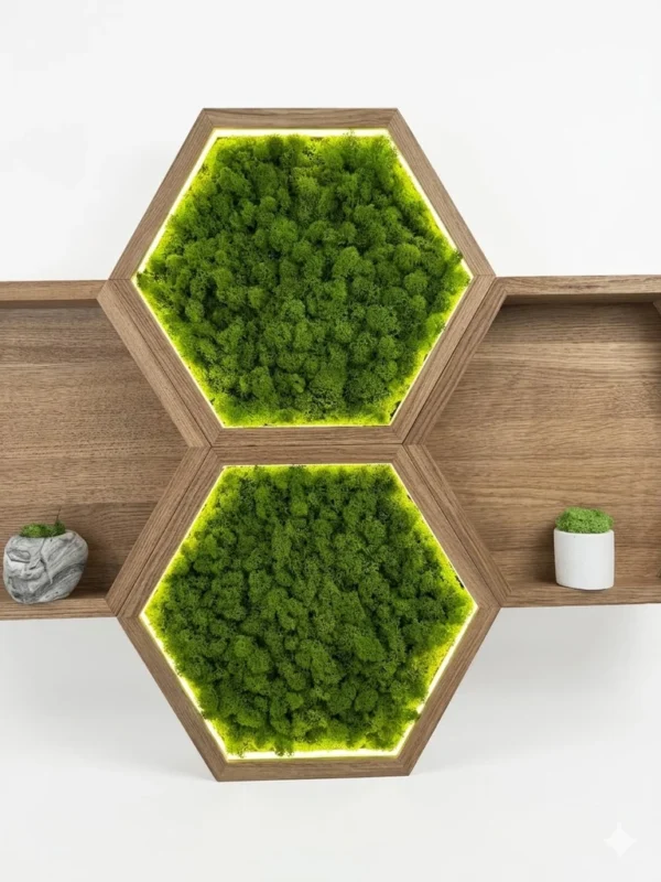 Backlit hexagonal wooden wall shelves filled with green preserved moss and flanked by small potted plants.