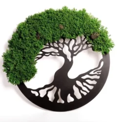 Circular black silhouette tree of life wall art decorated with green preserved moss and pinecones.