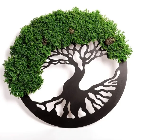 Circular black silhouette tree of life wall art decorated with green preserved moss and pinecones.