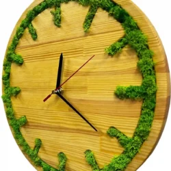 Round wooden wall clock with preserved green moss inlaid along the perimeter and hour marks.