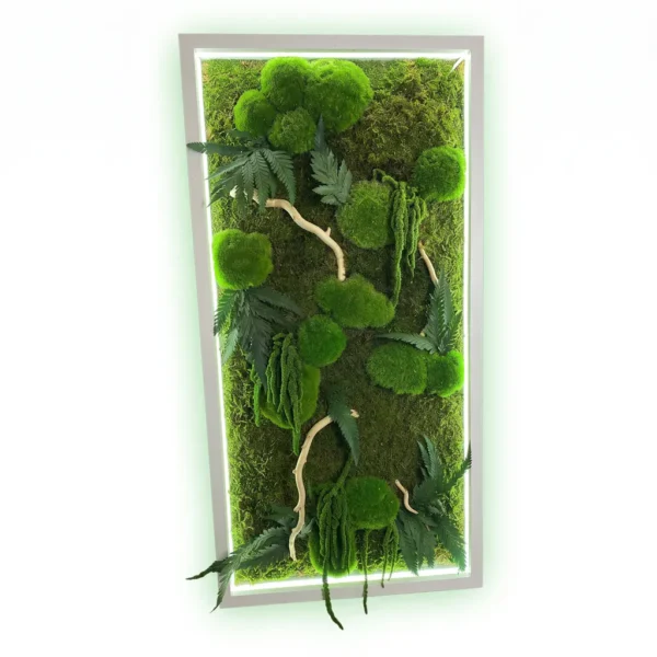 Framed vertical moss wall art featuring green preserved moss, ferns, and twigs with an illuminated white LED border.