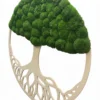 Angled view of round tree of life wall art with white wooden frame and green ball moss canopy