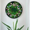 Round moss art with pink and blue dried flowers in black frame, hung on white wall above green houseplant
