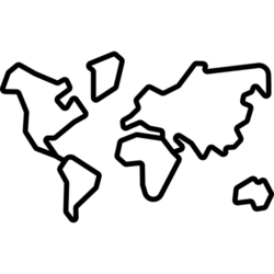 Stylized world map with black outlines of continents on a white background.