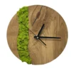 Round wood wall clock with preserved moss inlay and black hands on white background