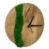 Round solid oak wall clock with natural preserved moss inlay and black hands
