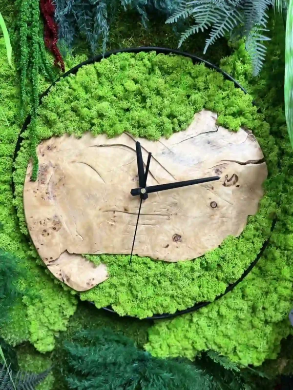 Round Wall Clock with Moss Solid Wood and Plants | Picture Clock - Image 3