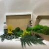 Open craft box packed with green moss clumps next to white wall art frame, fern branch, eucalyptus, and adhesive supplies