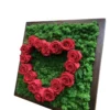 Angled perspective of framed green moss wall art featuring a heart made of red roses in a dark wood frame.