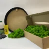 DIY moss wall art kit with green reindeer moss in a cardboard box, round black frame, glue bottle, and scraper tool