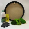Front view of DIY moss art kit with round black frame, liquid adhesive, yellow notched trowel, gloves, and green moss.