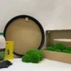 DIY moss kit with round black frame, cardboard box of green ball moss, adhesive bottle, notched spreader, and gloves.