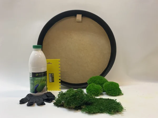DIY moss art kit with round framed backing board, preserved moss, adhesive bottle, notched spreader, and craft gloves.