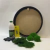 Round black DIY moss art frame kit with preserved green moss, glue bottle, spreader tool, and protective gloves