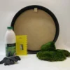 DIY round moss art kit with circular frame, preserved moss, glue bottle, spreader, and protective gloves