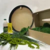 Round moss art kit components including round black frame, glue, yellow applicator, and box of preserved green moss.