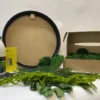 Round DIY moss wall art kit with black circular frame, adhesive bottle, notched scraper, and assorted green plants.