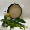 DIY moss art kit with round black frame, adhesive bottle, yellow spreader, gloves, and preserved green foliage.