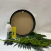 Round black frame DIY craft set with glue, scraper tool, work gloves, and assorted preserved green moss and ferns.