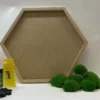 Natural wood hexagon wall frame DIY kit laid out with clumps of preserved green ball moss, craft glue, and tools