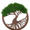 Round Tree of Life wall decor with dark brown wooden silhouette, green reindeer moss foliage, and pine cones