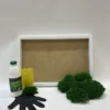 DIY moss art kit with blank white frame, clusters of green ball moss, adhesive bottle, yellow spreader, and glove.