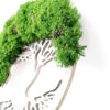 Angled close-up of round Tree of Life wall art featuring vibrant green reindeer moss and embedded pine cones