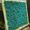 Teal reindeer moss wall art in a white frame with warm LED perimeter lighting on an easel